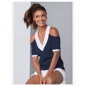 Venus Navy Blue and White Cold Shoulder Top Size 1X